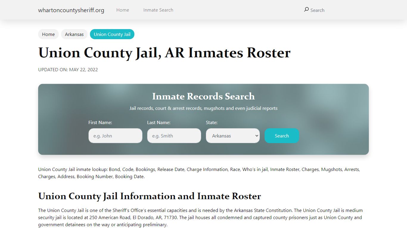 Union County Jail, AR Jail Roster, Name Search